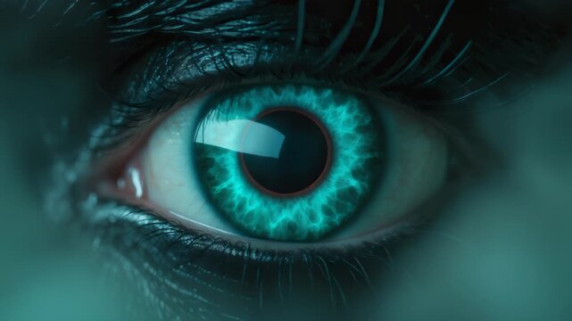 Striking teal eye with dilating pupil and swirling green mist
