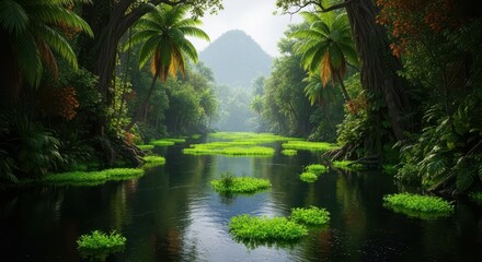 Fototapeta premium Lush Jungle River Scene With Distant Mountain Peak