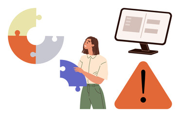 Woman holding puzzle piece towards diagram, computer with interface, triangle alert sign. Ideal for teamwork, collaboration, strategy, problem-solving, decision-making, project management simple