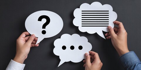 Hands holding paper speech bubbles with question mark, dots, and text lines representing communication, conversation, dialogue, discussion, and messaging concept
