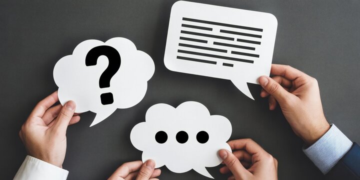 Hands holding paper speech bubbles with question mark, dots, and text lines representing communication, conversation, dialogue, discussion, and messaging concept