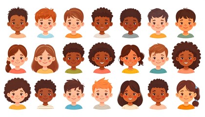 Diverse Group of Happy Smiling Children Avatars - Multicultural Boys and Girls Headshots Collection in Cartoon Vector Style