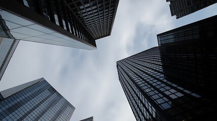 Naklejka premium Urban Cityscape Looking Up At Tall Glass Buildings And Sky skyscraper architecture