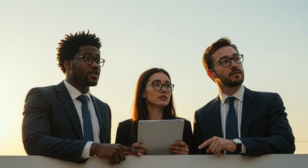 Diverse business team of three professionals reviewing digital tablet at sunset with engaged expressions. Corporate technology. Business consulting, and executive strategy. for corporate marketing