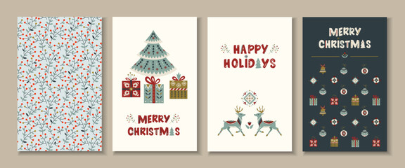 Collection of Christmas greeting cards in Nordic folk style Festive vector illustrations with gifts, deer, snowflakes in Scandinavian colors for holiday design, cozy winter decor and seasonal project
