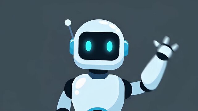 Friendly robot waving hello and greeting, cartoon illustration of an AI assistant