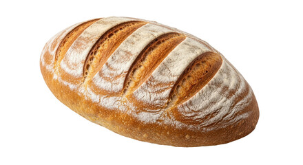 Isolated sourdough loaf, fresh whole grain bread with flour coating, rustic bakery item