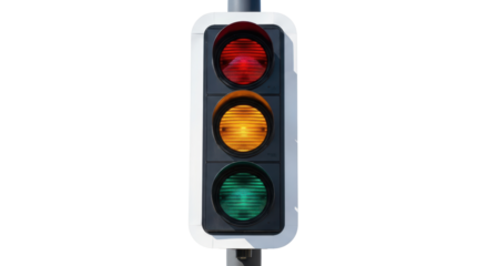 Isolated modern three-light traffic signal showing all three lights on at the same time in use