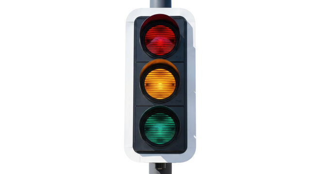 Isolated modern three-light traffic signal showing all three lights on at the same time in use