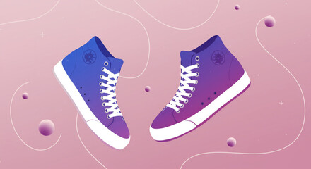 Stylish High Top Sneakers Illustration Floating on Gradient Background