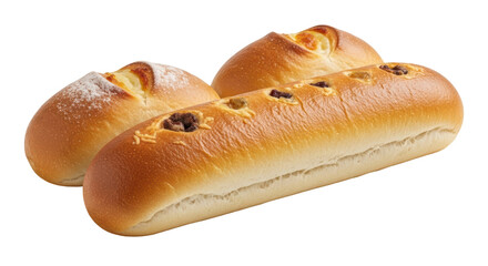 Isolated selection of fresh baked raisin bread and rolls for breakfast food product shoot