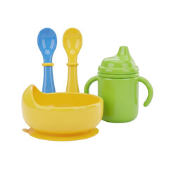 Brightly colored baby feeding set with spoons and sippy cup transparent background