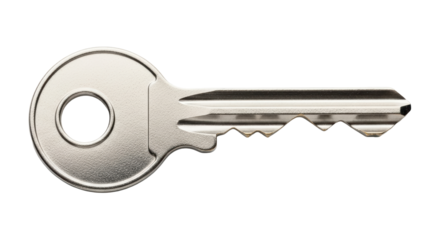 Isolated metal key for door lock security system protection, object on plain backdrop