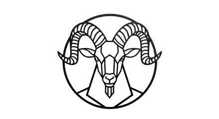 Isolated geometric ram head with curling horns and beard, minimalist polygonal style animal logo