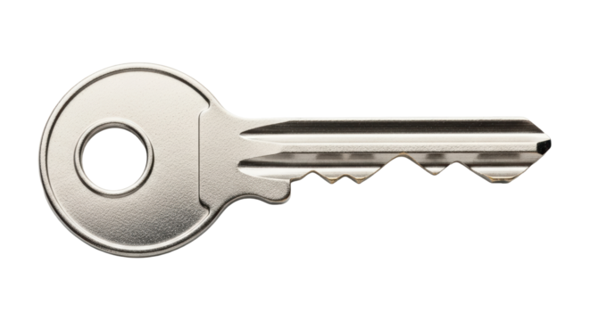 Isolated metal key for door lock security system protection, object on plain backdrop