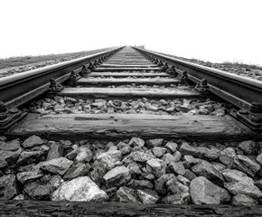 Train tracks stretching to the horizon in b&w PNG, isolated on transparent background