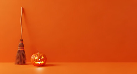 A halloween scene featuring a broom and a jack o lantern against an orange colored background space for text