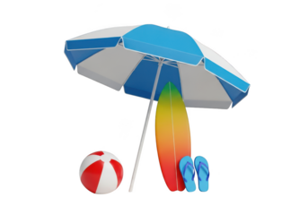 Beach umbrella surfboard beach ball flip flops summer vacation seaside fun elements transparent background