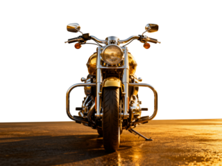 Stunning golden motorcycle gleaming in golden light ready to ride, adventure and freedom on two wheels