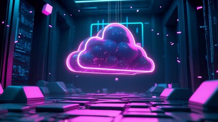 Neon glowing cloud icon inside dark data center with digital servers and futuristic lighting showing modern cloud computing technology - Powered by Adobe