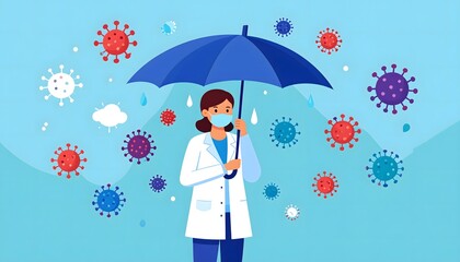 Healthcare Professional with Mask and Umbrella Protecting Against COVID-19 Virus Spread - Medical Prevention and Safety Concept