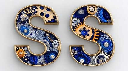 Elegant 3D Steampunk Letter Design in Navy Blue with Mechanical Details