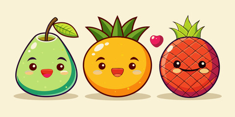 Set of Funny Fruits with Faces – Orange, Pear, Pineapple Cartoon Expressions