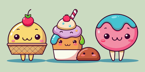 Cute Dessert Cartoon Character Set with Cupcake, Donut, and Ice Cream Cone Illustrations