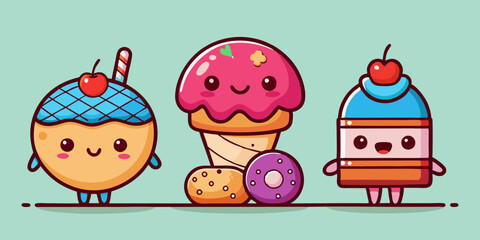Cute Dessert Cartoon Character Set with Cupcake, Donut, and Ice Cream Cone Illustrations