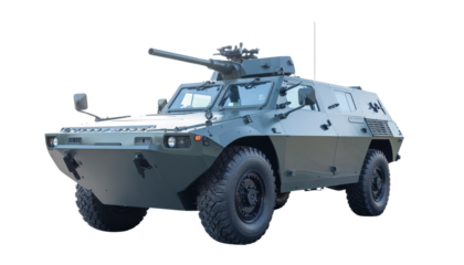 A military green 4x4 army truck is an old armored transport vehicle, isolated on a white background