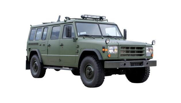 A military green 4x4 army truck is an old armored transport vehicle, isolated on a white background