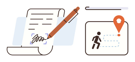Pen signing a document with a squiggle style signature alongside a person navigating a dotted path toward a destination marker. Ideal for business processes, contracts, digital workflow, journey