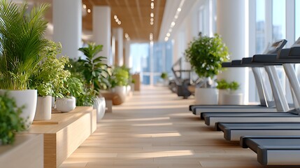 Retro Gym Interior with Treadmills and Lush Greenery in City Landscape