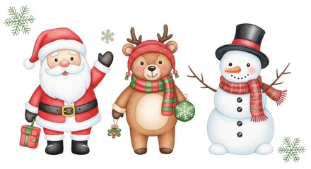 Cute, hand-drawn illustrations of Santa Claus, a reindeer bear, and a snowman, perfect for Christmas-themed designs.