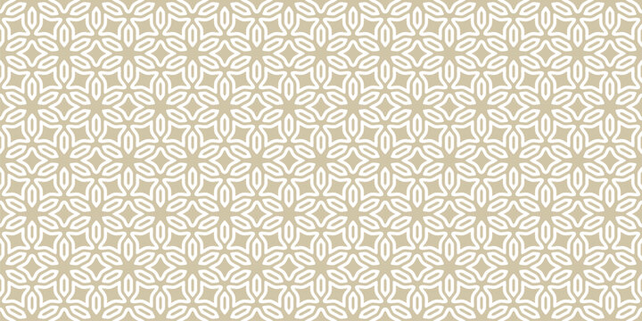 Abstract floral geometric ornament in Islamic style. Golden vector seamless pattern. Gold and white background with flowers, lines, grid, lattice. Simple luxury repeating design for decor, print