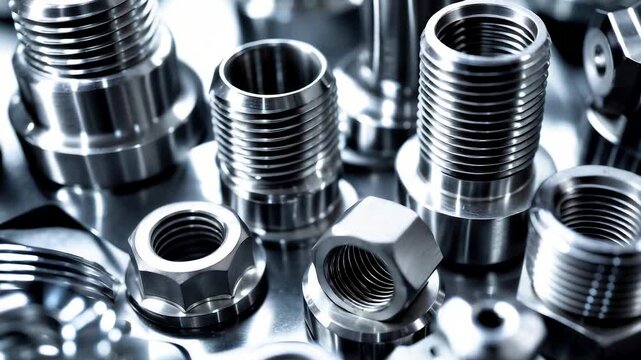 Shiny metallic nuts and bolts with threaded surfaces and polished steel textures arranged together in industrial mechanical engineering parts