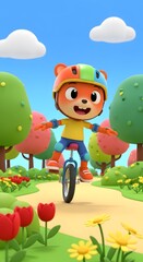 Fototapeta premium An animated fox character wearing a colorful helmet and protective gear, joyfully rides a unicycle on a path.