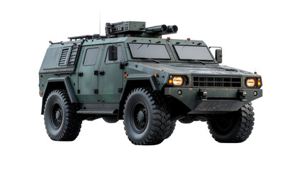 A military green 4x4 army truck is an old armored transport vehicle, isolated on a white background