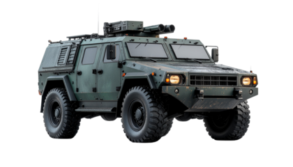 A military green 4x4 army truck is an old armored transport vehicle, isolated on a white background