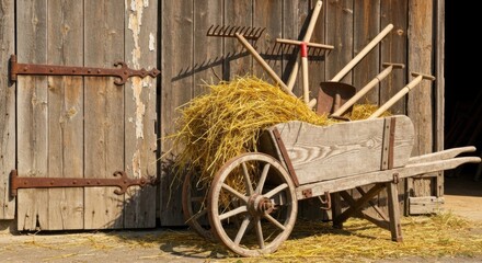 Obraz premium Rustic Aesthetic Scene Wooden Cart, Hay, and Farm Tools by a Barn for Visual Appeal