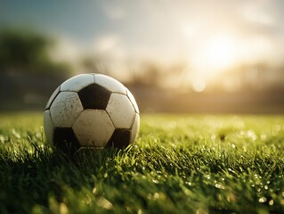 Fototapeta premium Soccer ball on grass field at sunset for sports equipment and recreation concept