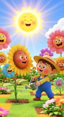 Fototapeta premium A happy young boy dressed in overalls and a straw hat waters a field of whimsical, smiling flowers, under a radiant, cheerful sun.