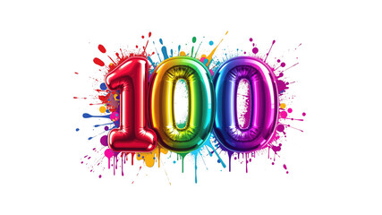Rainbow Foil Balloons Number 100 with Colorful Paint Splatter Background