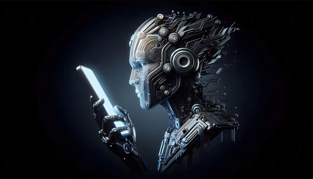 futuristic ai robot using mobile on black background