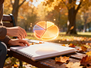 Analyzing financial data with pie chart in autumn park, generating modern business insights, strategy