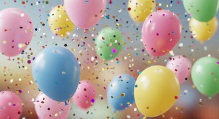 A celebratory scene filled with pastel-colored balloons and confetti in mid-air, showcasing a joyful and festive atmosphere.