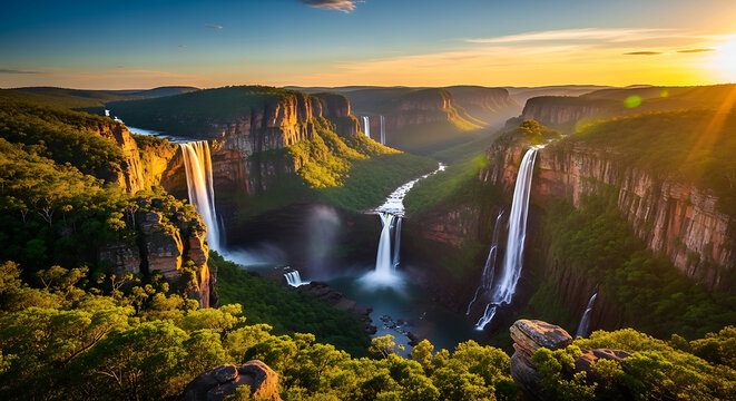 Chapada dos Veadeiros highland canyon with waterfalls and tropical forest