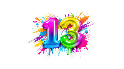 Vibrant Number Thirteen Colorful Balloon 13 with Paint Splatter Background