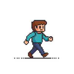 Pixel Art Character Walking Animation: 8-bit Man in Teal Shirt and Blue Pants on Transparent Background, Ideal for Game Development and Digital