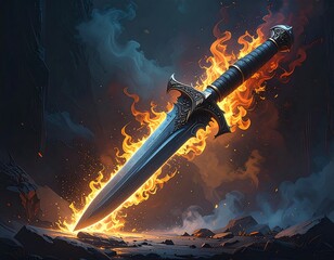 Flaming sword on rocky ground